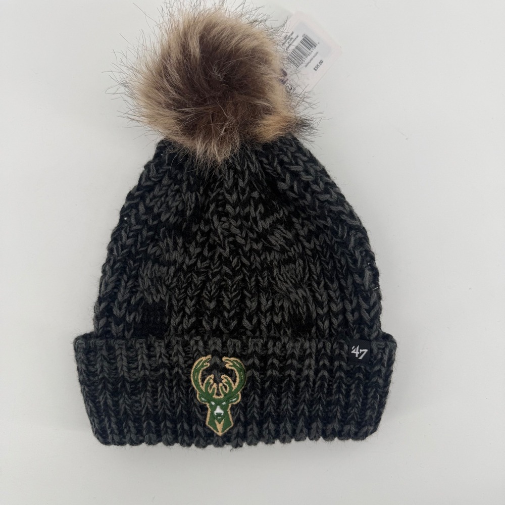 47 Brand Milwaukee Bucks NBA Womens Meeko Cuff Knit Pom Beanie Hat Black Grey